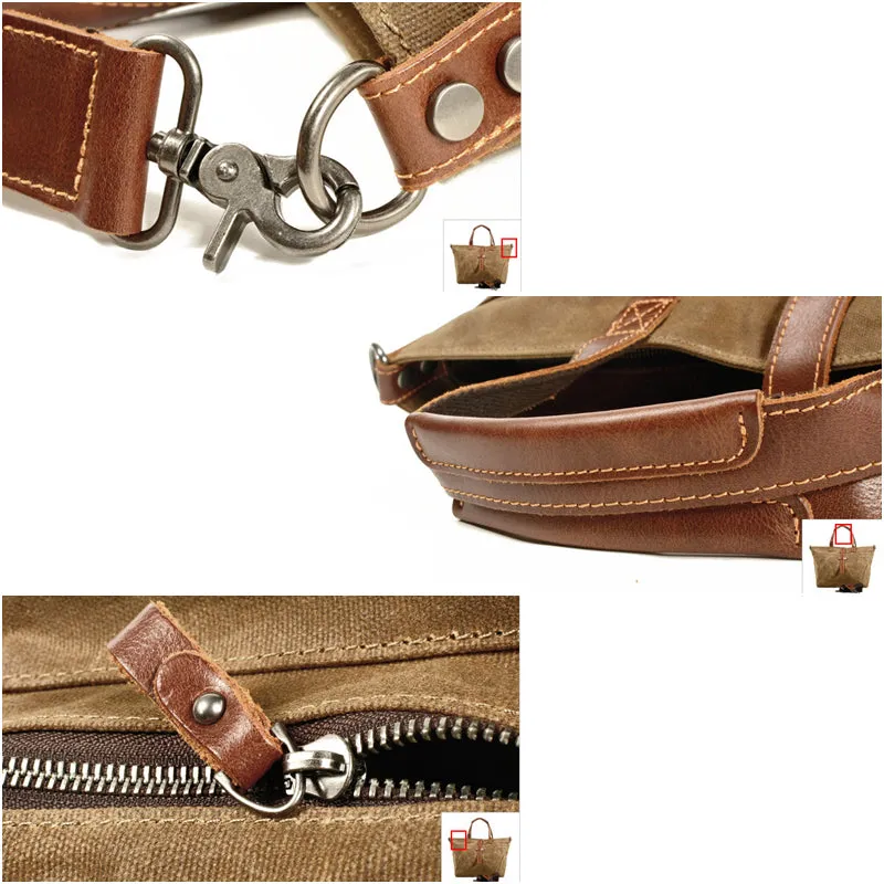 Waxed Canvas With Full Grain Leather Tote Waterproof Crossbody Bag Large Capacity Shopper Bag