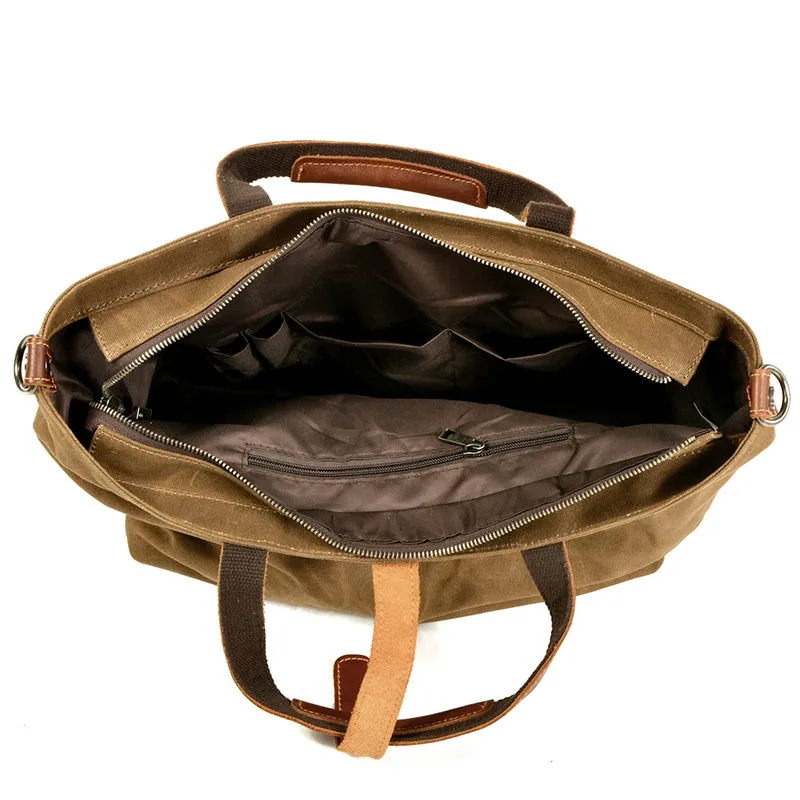 Waxed Canvas With Full Grain Leather Tote Waterproof Crossbody Bag Large Capacity Shopper Bag