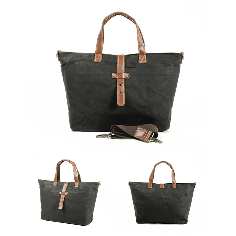 Waxed Canvas With Full Grain Leather Tote Waterproof Crossbody Bag Large Capacity Shopper Bag