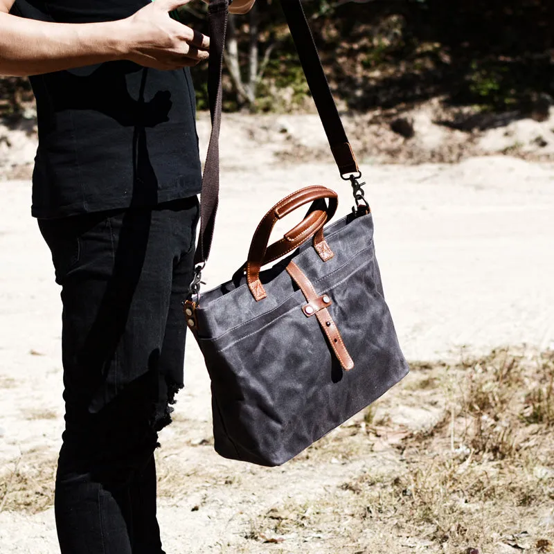 Waxed Canvas With Full Grain Leather Tote Waterproof Crossbody Bag Large Capacity Shopper Bag