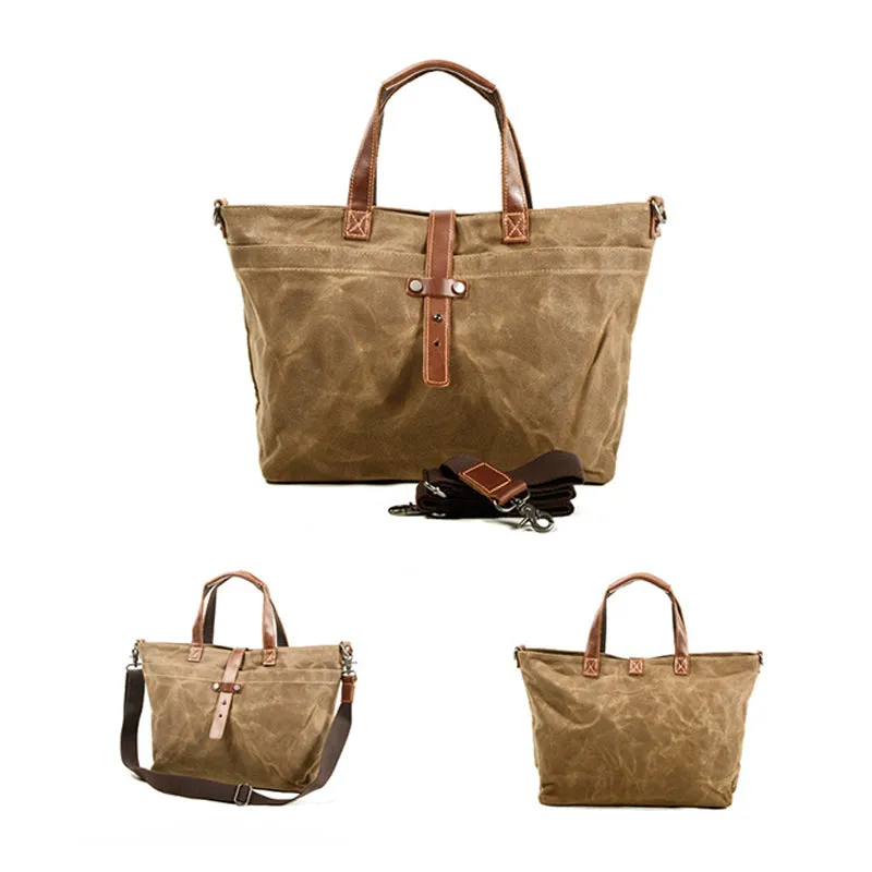 Waxed Canvas With Full Grain Leather Tote Waterproof Crossbody Bag Large Capacity Shopper Bag