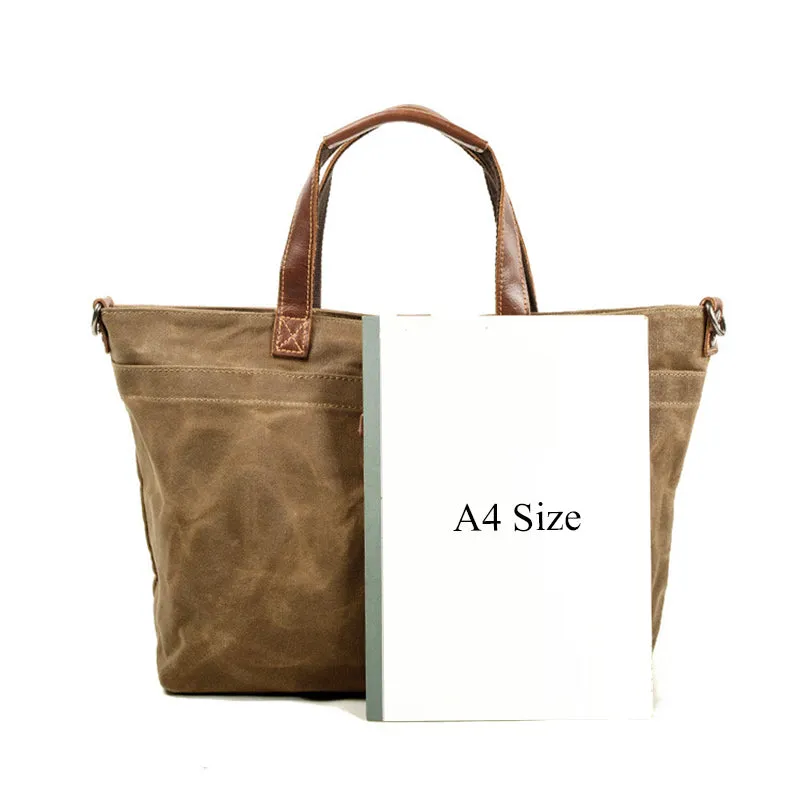 Waxed Canvas With Full Grain Leather Tote Waterproof Crossbody Bag Large Capacity Shopper Bag
