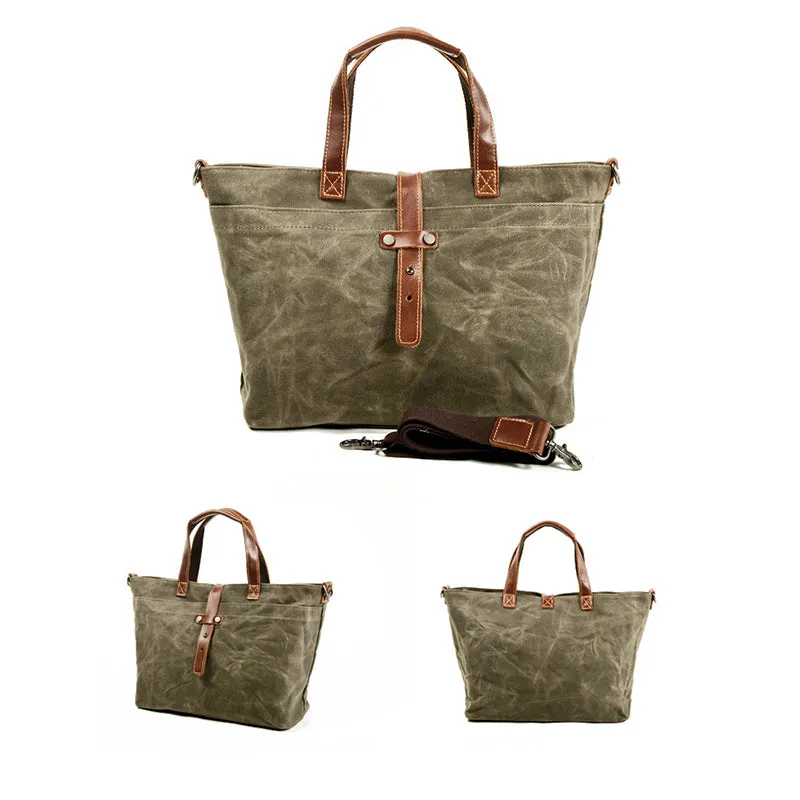 Waxed Canvas With Full Grain Leather Tote Waterproof Crossbody Bag Large Capacity Shopper Bag