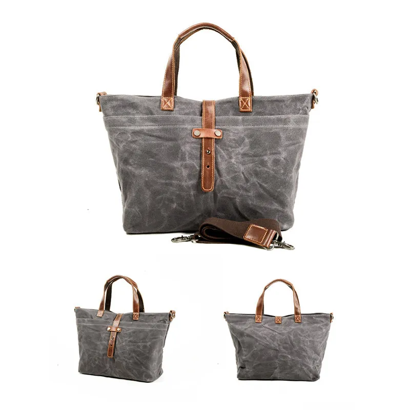 Waxed Canvas With Full Grain Leather Tote Waterproof Crossbody Bag Large Capacity Shopper Bag