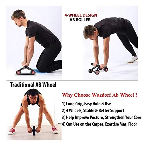 Wazdorf Anti Skid Double Wheel Total Body AB Roller Exerciser for Abdominal Stomach Exercise Training with Knee Mat Steel Handle, Roller for Exercise, Excersice Roller (4 Wheel Roller)