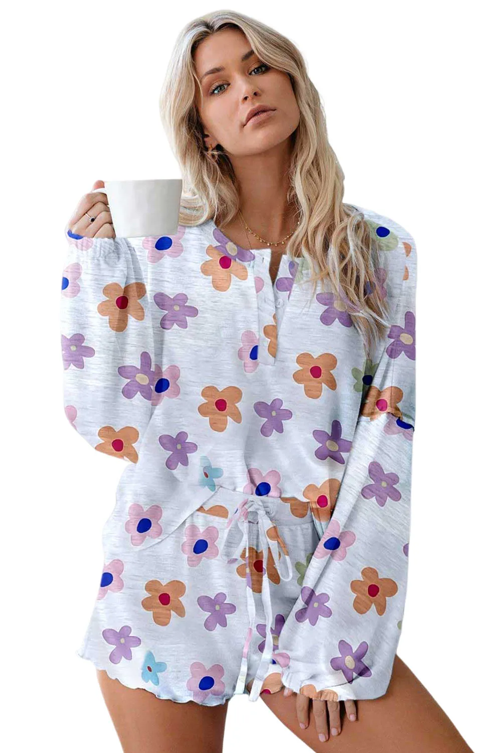 White Floral Long Sleeve Henley Top and Drawstring Shorts Set