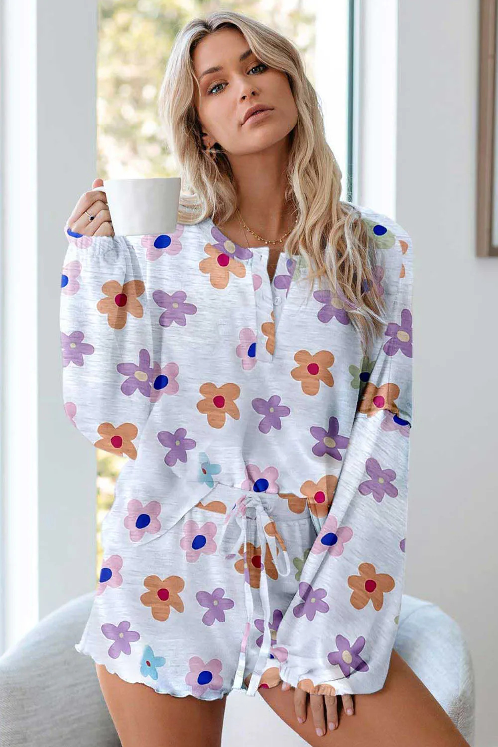 White Floral Long Sleeve Henley Top and Drawstring Shorts Set