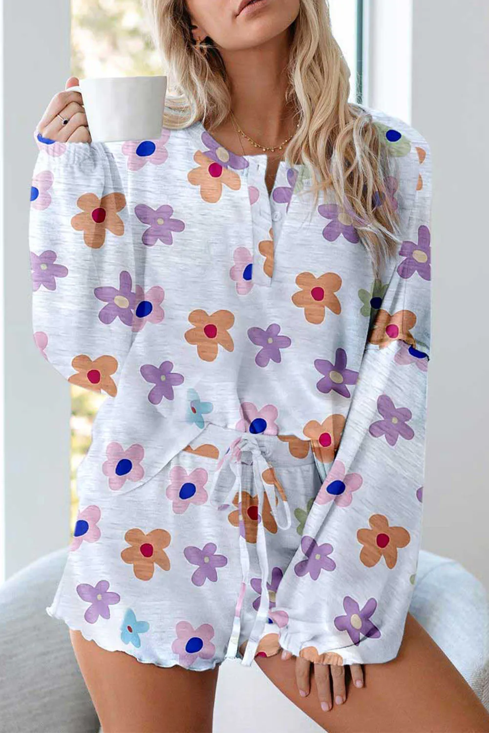 White Floral Long Sleeve Henley Top and Drawstring Shorts Set