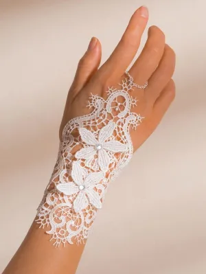 White Tatted Lace Bridal Gloves, Wedding Rhinestone Crystal Embroidered Knitted Gloves, First Communion Girl Gloves, 1 Pair