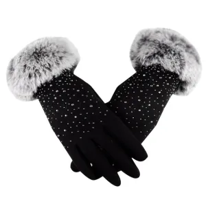 Women Warm Faux Fur Gloves Rhinestone Embellishment