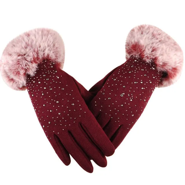 Women Warm Faux Fur Gloves Rhinestone Embellishment