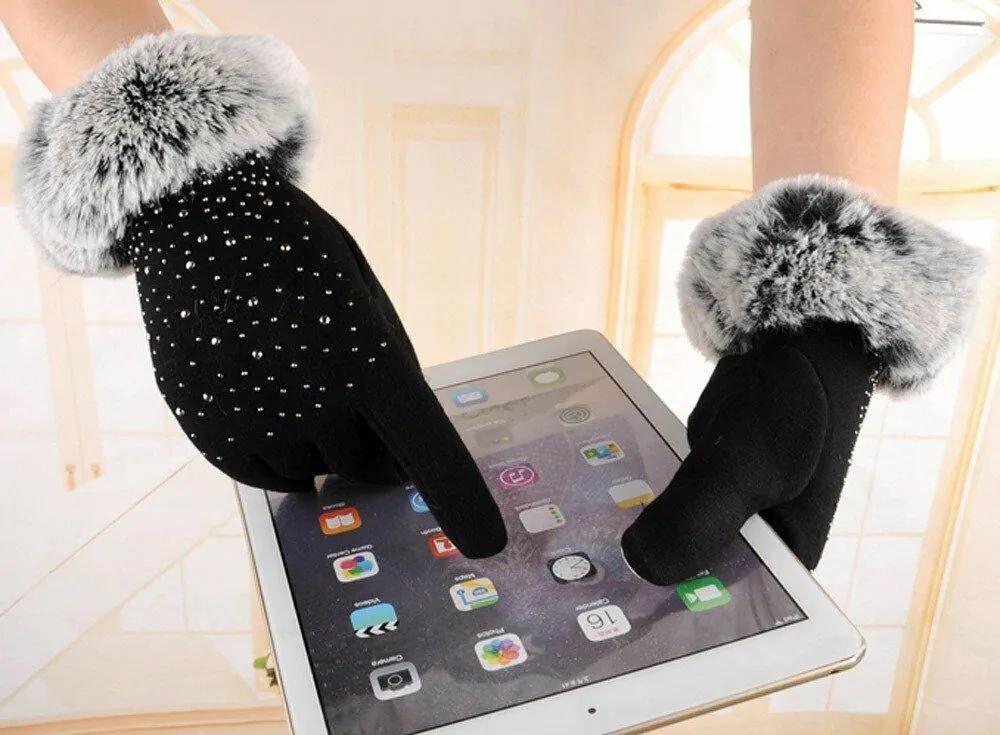 Women Warm Faux Fur Gloves Rhinestone Embellishment