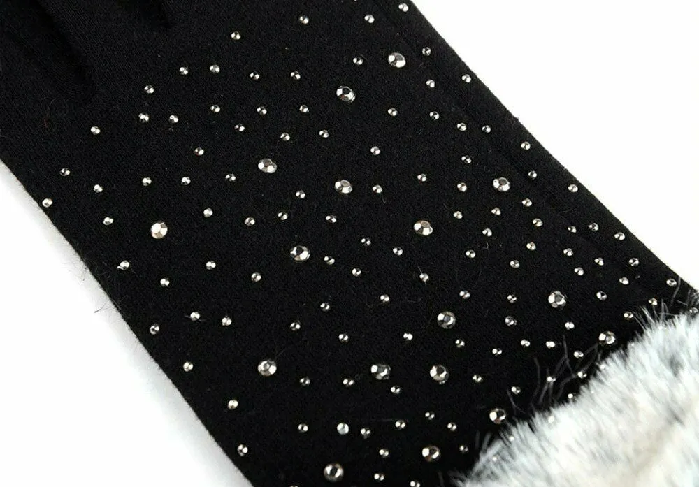 Women Warm Faux Fur Gloves Rhinestone Embellishment