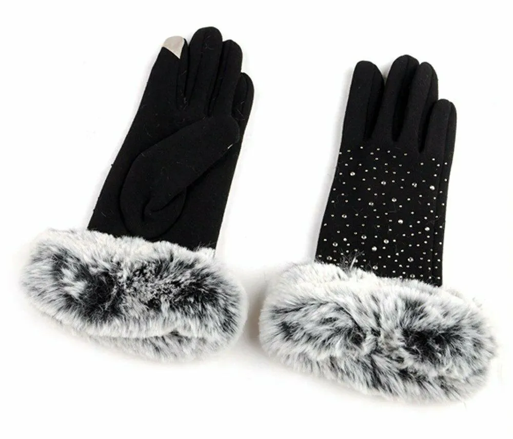 Women Warm Faux Fur Gloves Rhinestone Embellishment