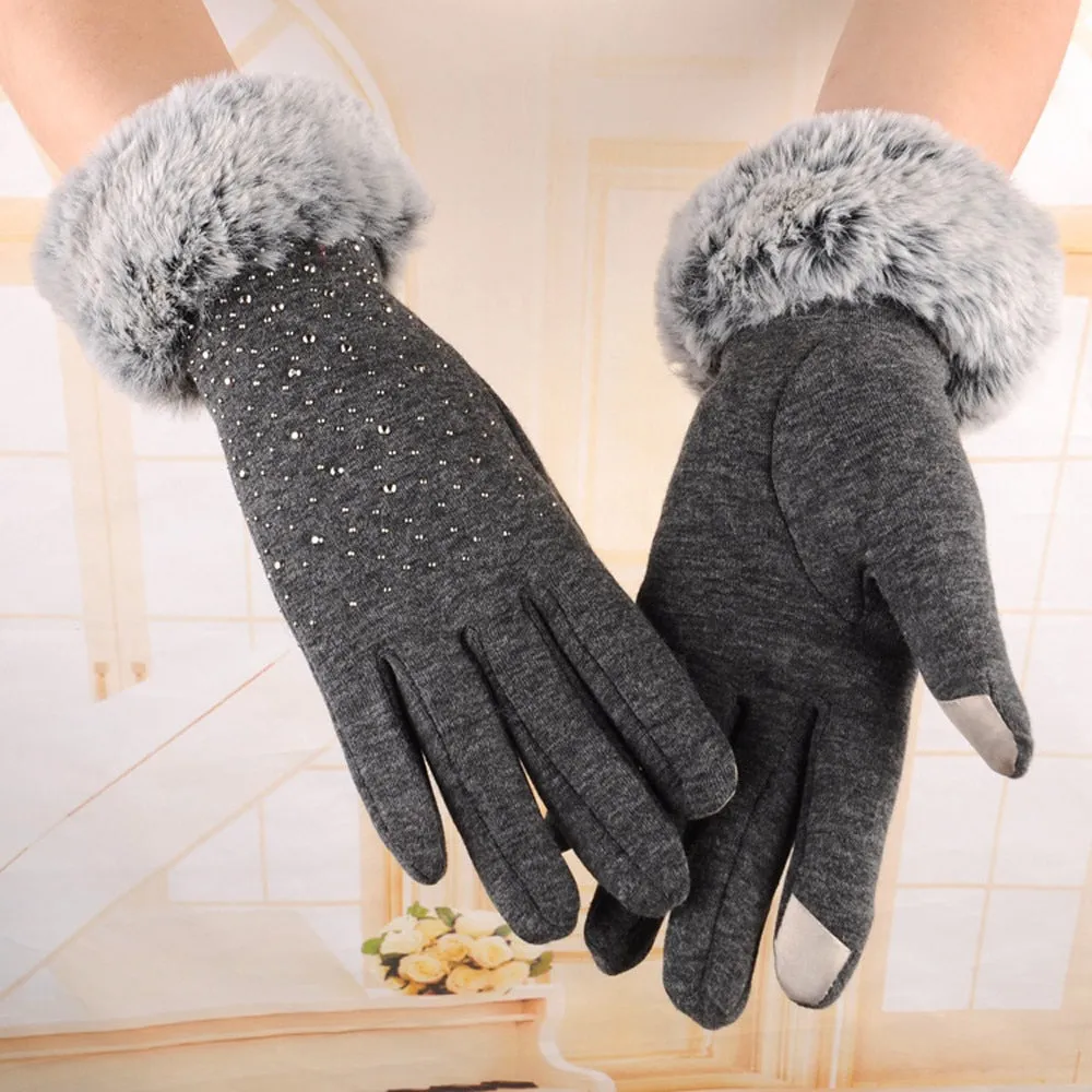 Women Warm Faux Fur Gloves Rhinestone Embellishment