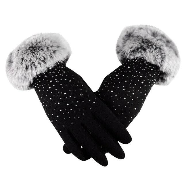Women Warm Faux Fur Gloves Rhinestone Embellishment