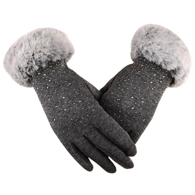 Women Warm Faux Fur Gloves Rhinestone Embellishment