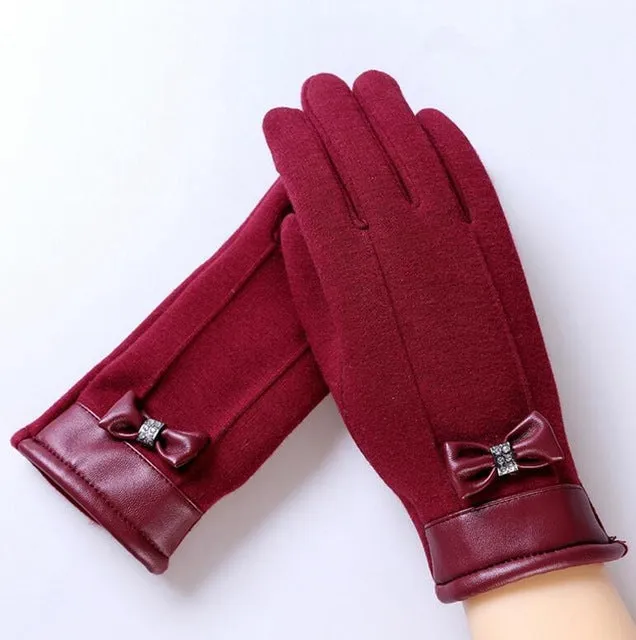 Women Wrist Warm Woolen Mittens Female Luvas Genuine Rabbit Fur Gloves Cashmere Winter Girls Elegant Glove For Lady Bowknot