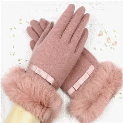 Women Wrist Warm Woolen Mittens Female Luvas Genuine Rabbit Fur Gloves Cashmere Winter Girls Elegant Glove For Lady Bowknot