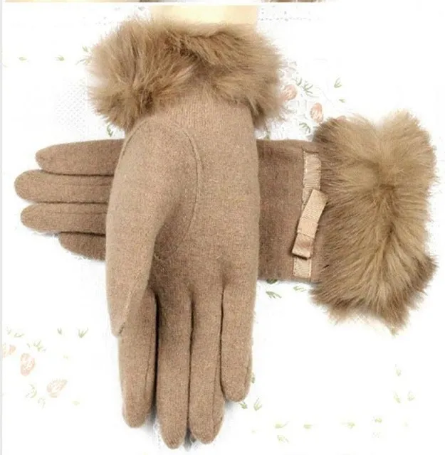 Women Wrist Warm Woolen Mittens Female Luvas Genuine Rabbit Fur Gloves Cashmere Winter Girls Elegant Glove For Lady Bowknot