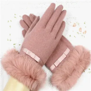 Women Wrist Warm Woolen Mittens Female Luvas Genuine Rabbit Fur Gloves Cashmere Winter Girls Elegant Glove For Lady Bowknot