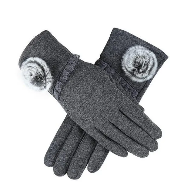 Women Wrist Warm Woolen Mittens Female Luvas Genuine Rabbit Fur Gloves Cashmere Winter Girls Elegant Glove For Lady Bowknot