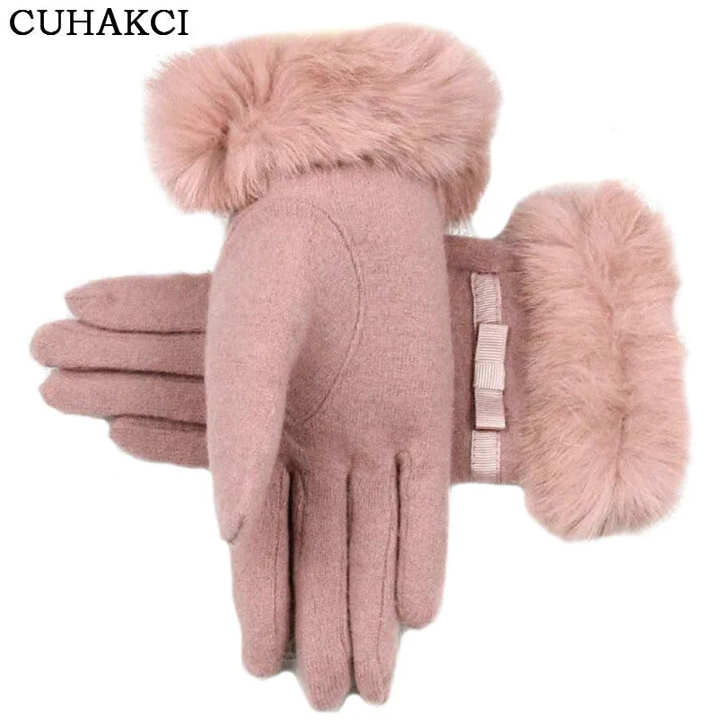 Women Wrist Warm Woolen Mittens Female Luvas Genuine Rabbit Fur Gloves Cashmere Winter Girls Elegant Glove For Lady Bowknot