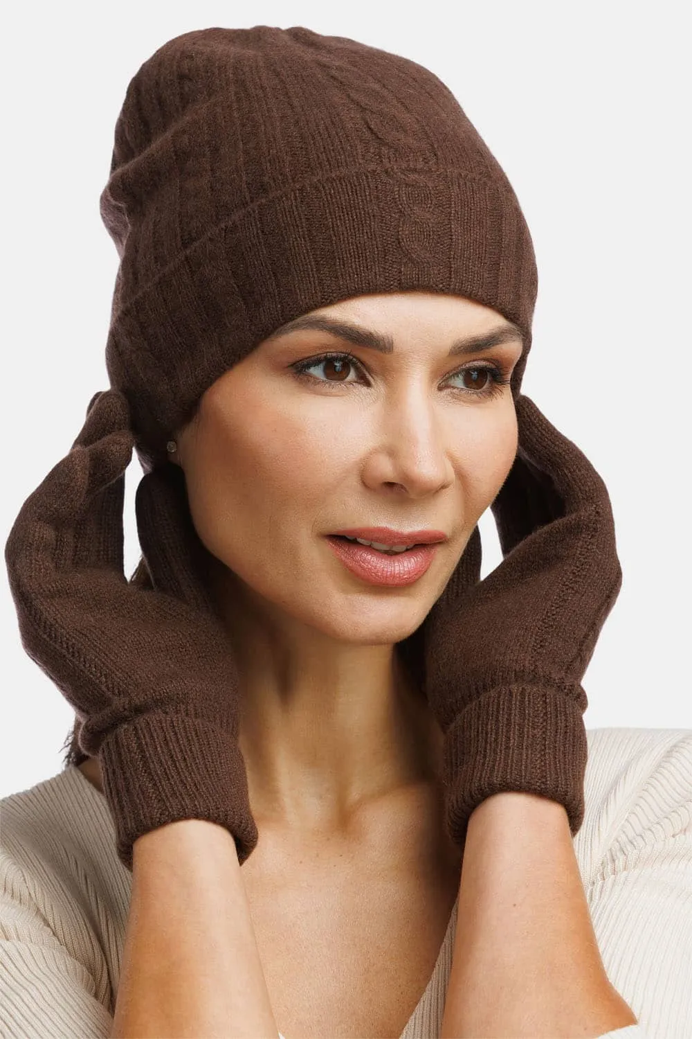 Women's 2pc 100% Pure Cashmere Cable Knit Hat & Glove Set - OUTLET - FINAL SALE