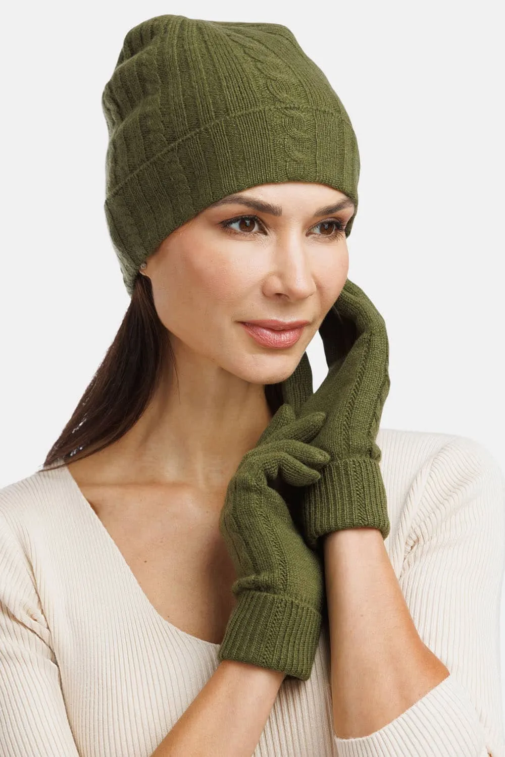 Women's 2pc 100% Pure Cashmere Cable Knit Hat & Glove Set - OUTLET - FINAL SALE