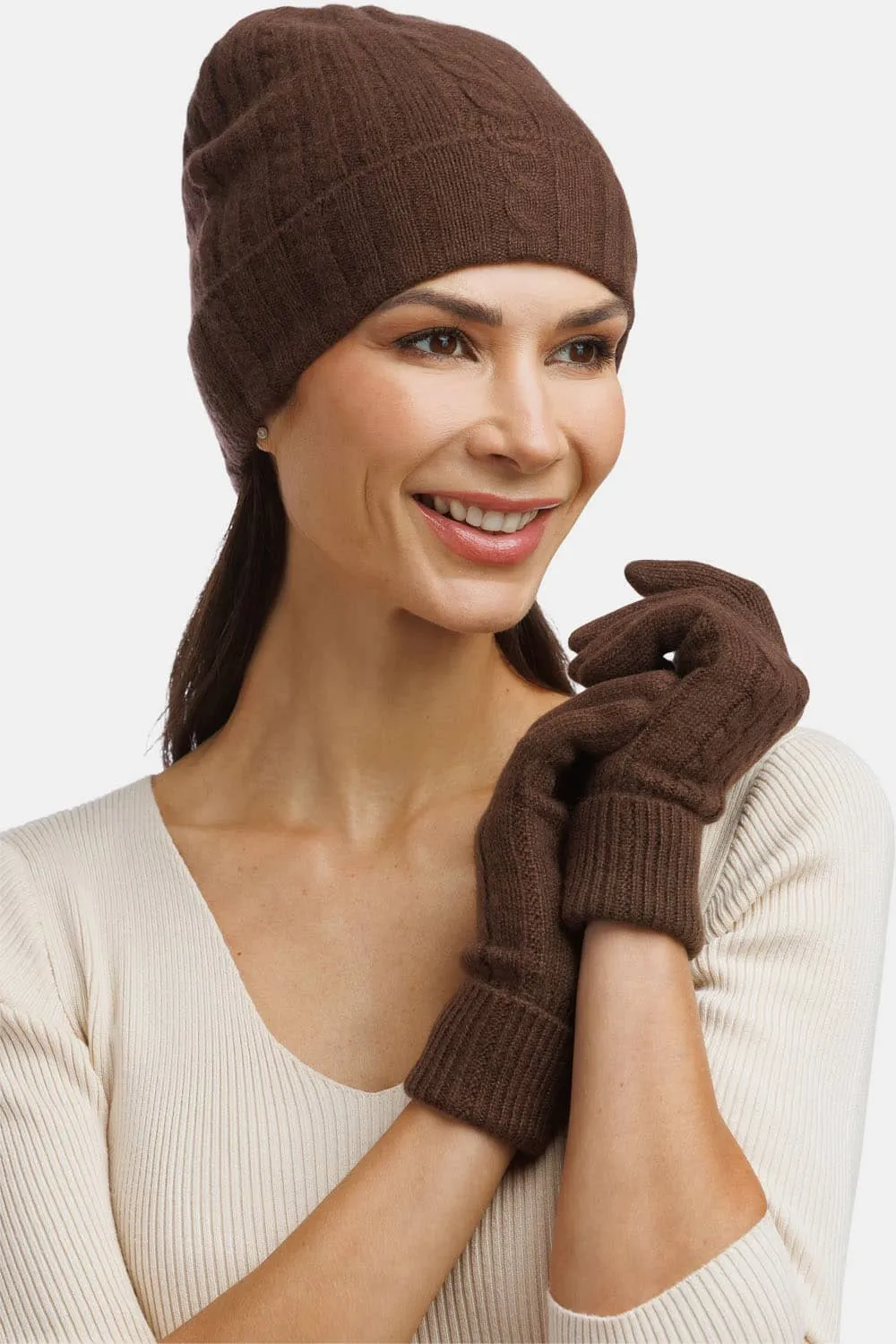 Women's 2pc 100% Pure Cashmere Cable Knit Hat & Glove Set - OUTLET - FINAL SALE