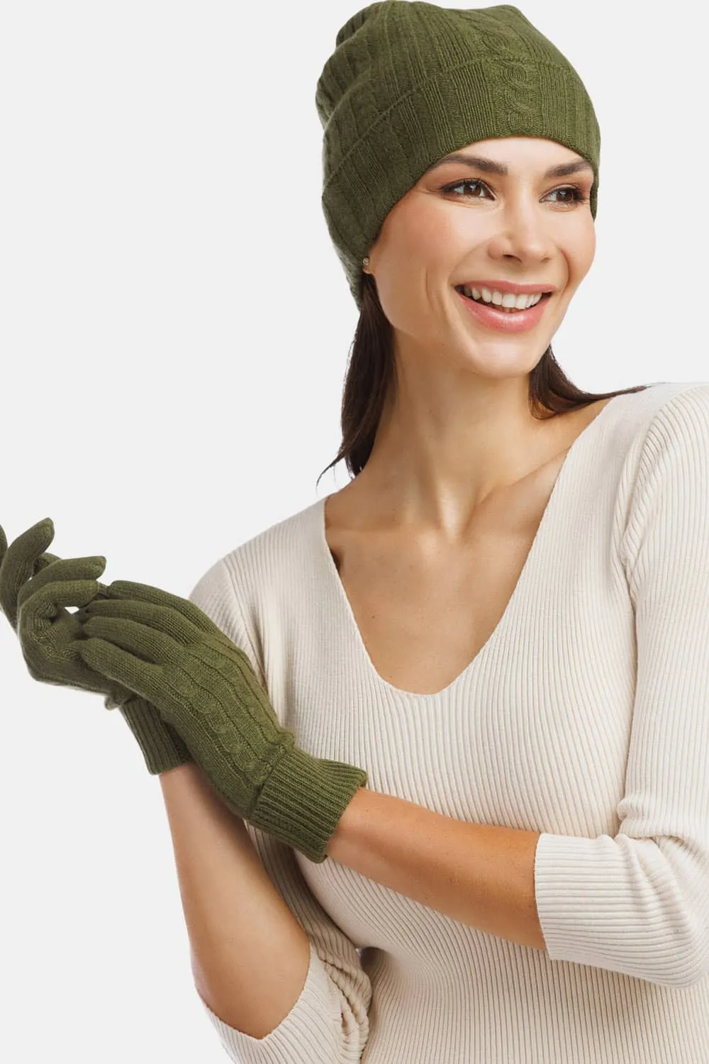 Women's 2pc 100% Pure Cashmere Cable Knit Hat & Glove Set - OUTLET - FINAL SALE