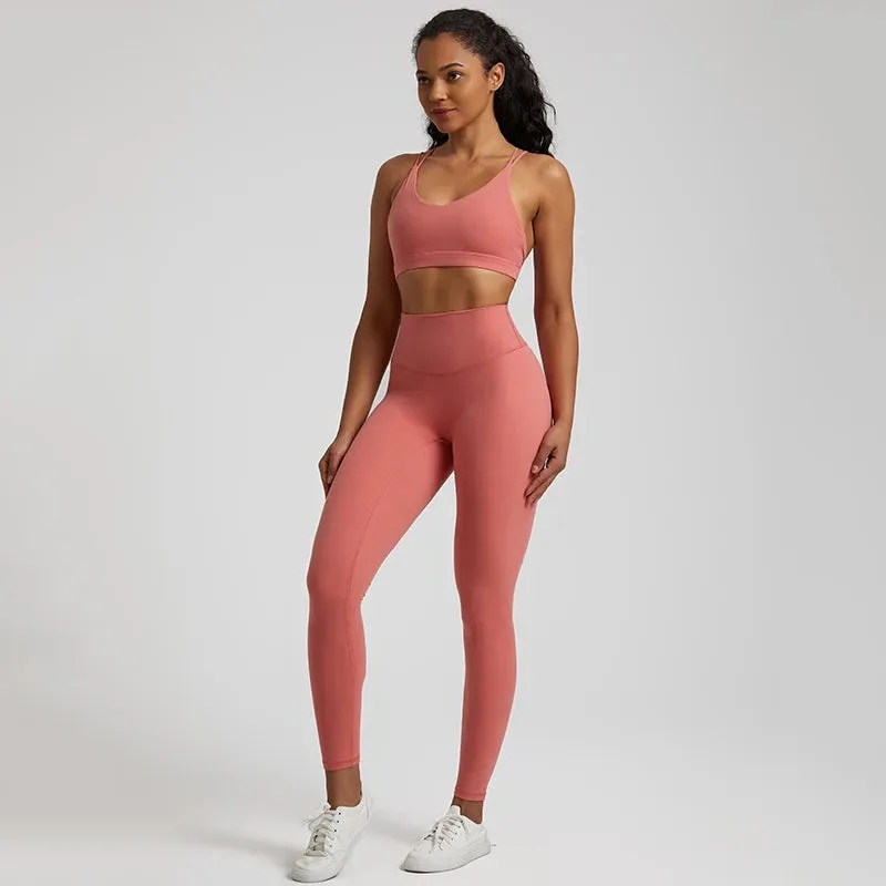 Women's Buttery Soft Yoga Set - High Waist Gym Leggings & Crisscross Sports Bra