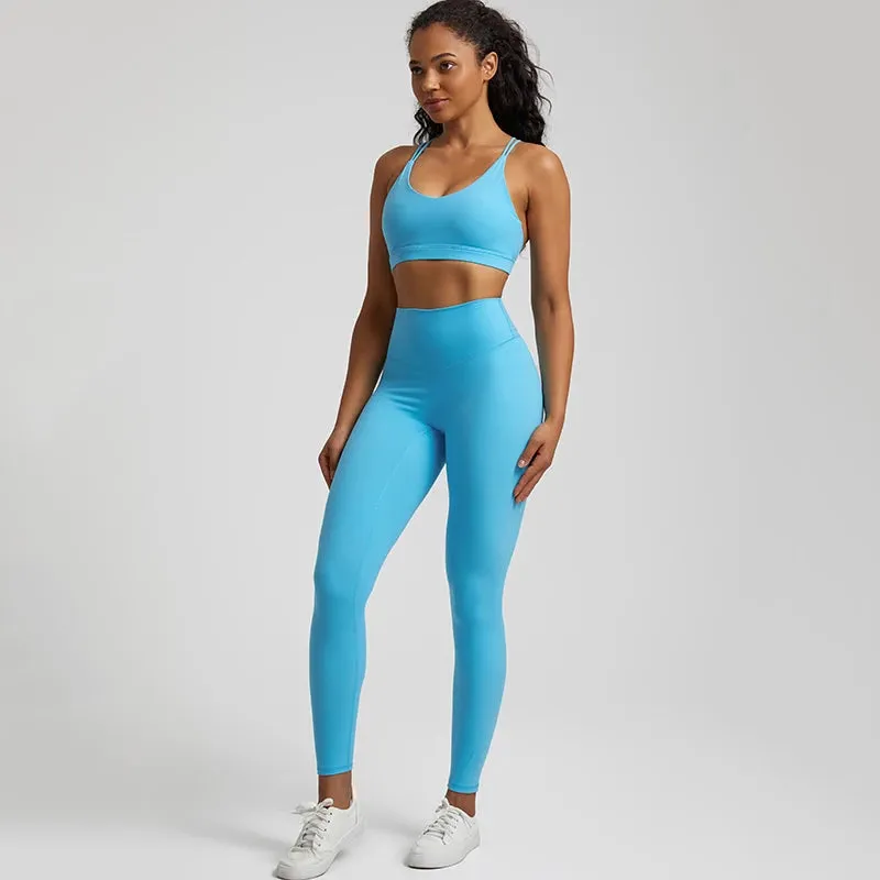 Women's Buttery Soft Yoga Set - High Waist Gym Leggings & Crisscross Sports Bra