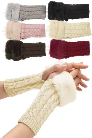 Women's Faux Fur Cable Braided Knitted Fingerless Arm Warmer