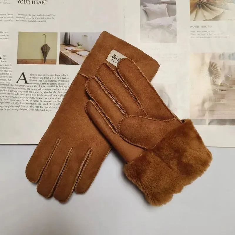 Women's fur Sheep Skin gloves Leather color warm winter wool lining wind and cold gloves