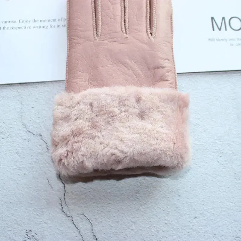 Women's fur Sheep Skin gloves Leather color warm winter wool lining wind and cold gloves