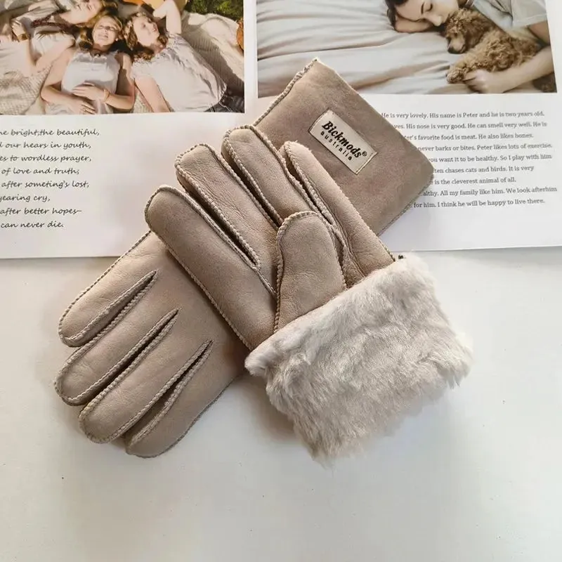 Women's fur Sheep Skin gloves Leather color warm winter wool lining wind and cold gloves