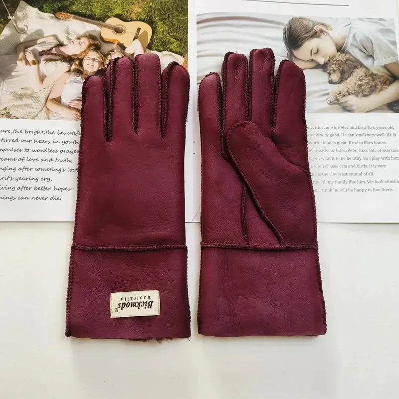 Women's fur Sheep Skin gloves Leather color warm winter wool lining wind and cold gloves
