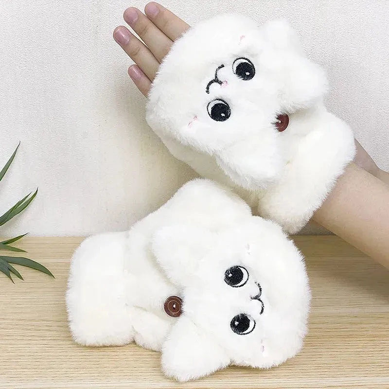 Women’s Plush Flip Mittens - Thick Rabbit Fur Half-Finger Gloves
