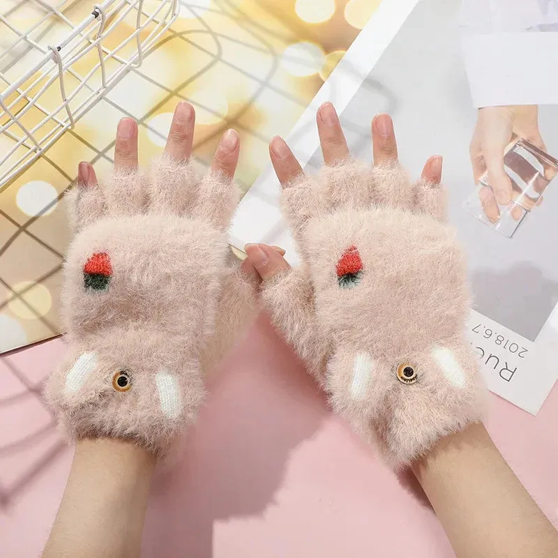 Women’s Plush Flip Mittens - Thick Rabbit Fur Half-Finger Gloves