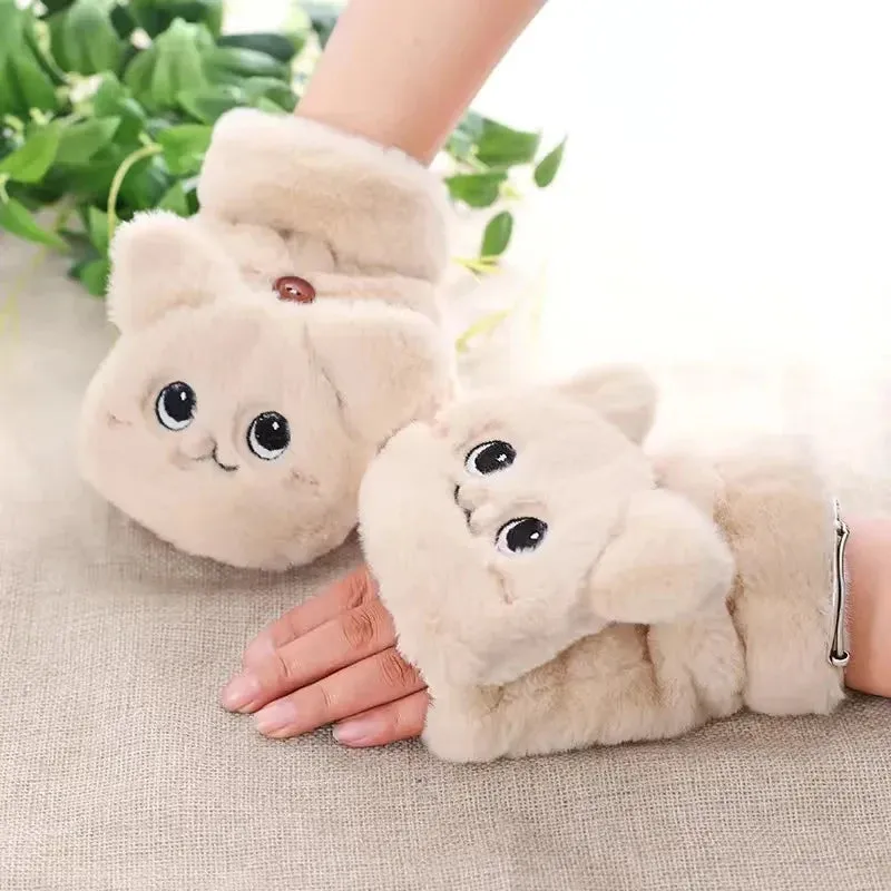 Women’s Plush Flip Mittens - Thick Rabbit Fur Half-Finger Gloves