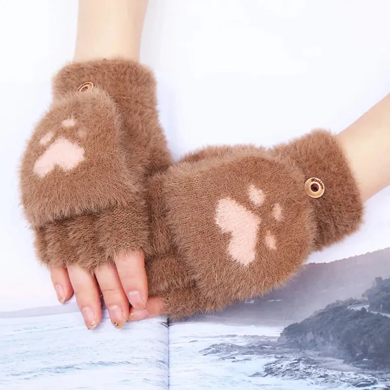 Women’s Plush Flip Mittens - Thick Rabbit Fur Half-Finger Gloves