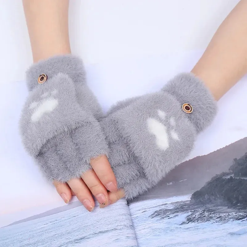 Women’s Plush Flip Mittens - Thick Rabbit Fur Half-Finger Gloves