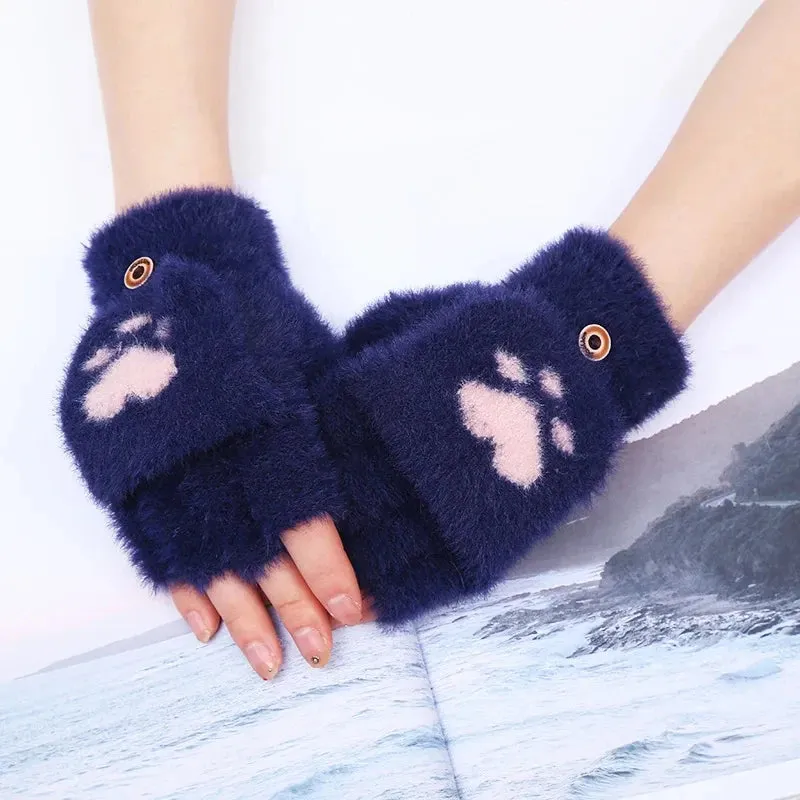 Women’s Plush Flip Mittens - Thick Rabbit Fur Half-Finger Gloves