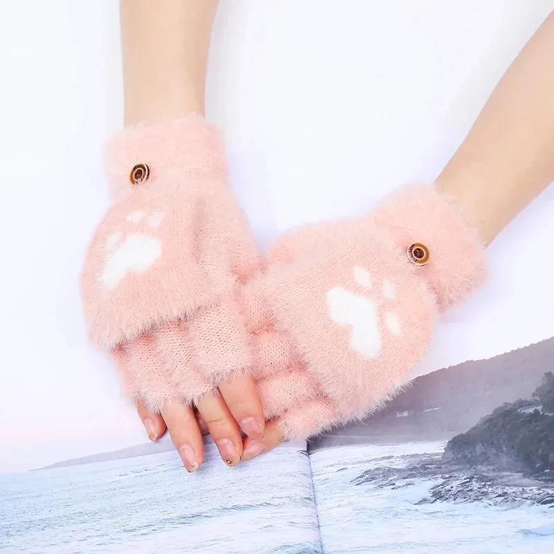 Women’s Plush Flip Mittens - Thick Rabbit Fur Half-Finger Gloves
