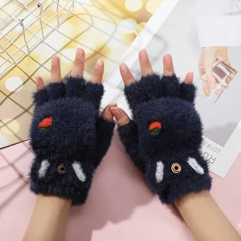 Women’s Plush Flip Mittens - Thick Rabbit Fur Half-Finger Gloves