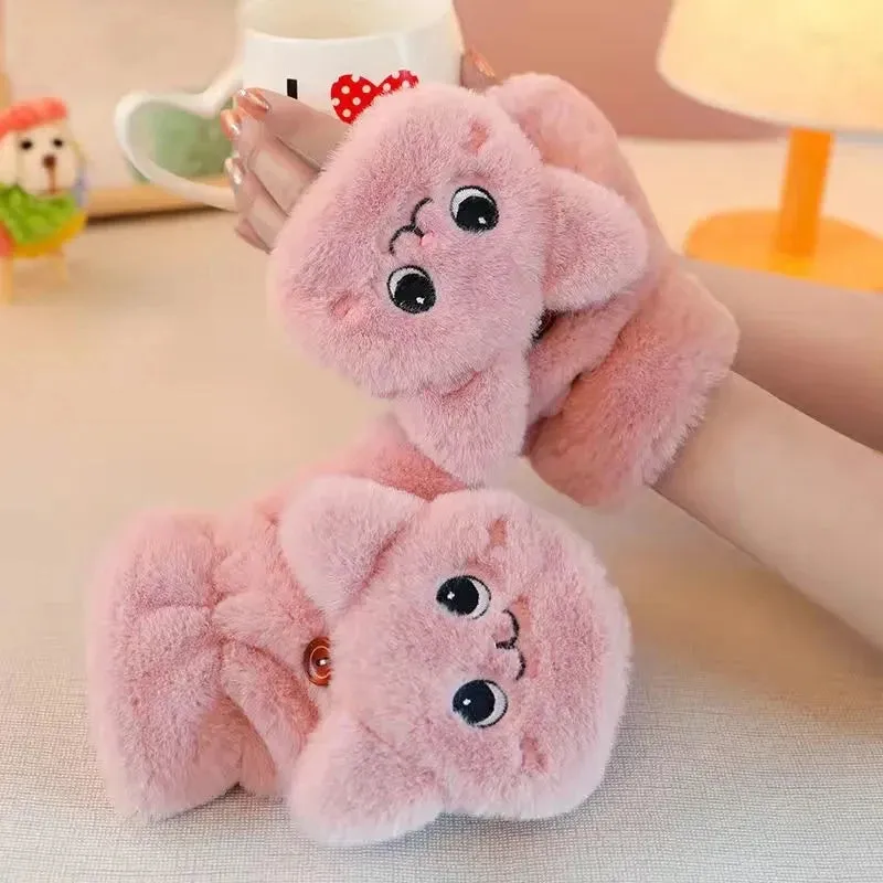 Women’s Plush Flip Mittens - Thick Rabbit Fur Half-Finger Gloves