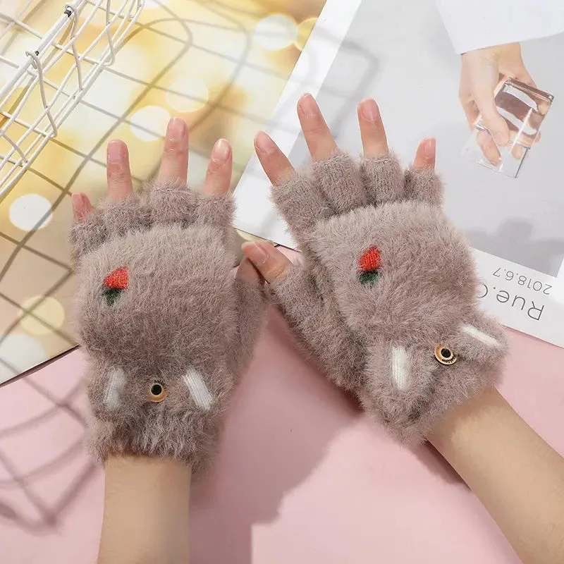 Women’s Plush Flip Mittens - Thick Rabbit Fur Half-Finger Gloves