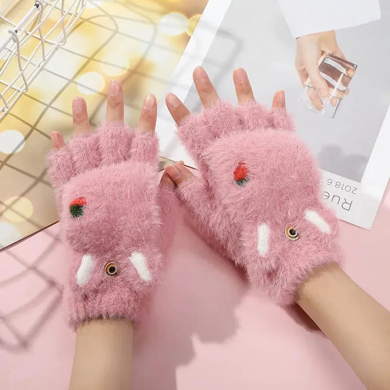 Women’s Plush Flip Mittens - Thick Rabbit Fur Half-Finger Gloves