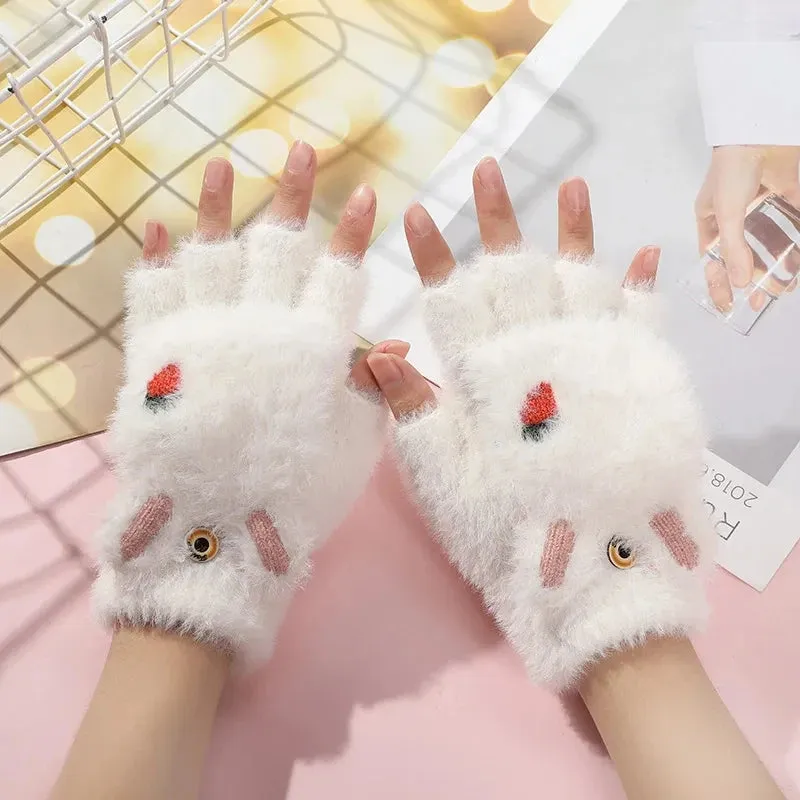 Women’s Plush Flip Mittens - Thick Rabbit Fur Half-Finger Gloves